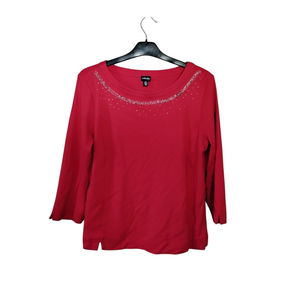Rafaella Petite Red Embellished Scoop Neck 3/4 Sleeve Knit Top Size PL